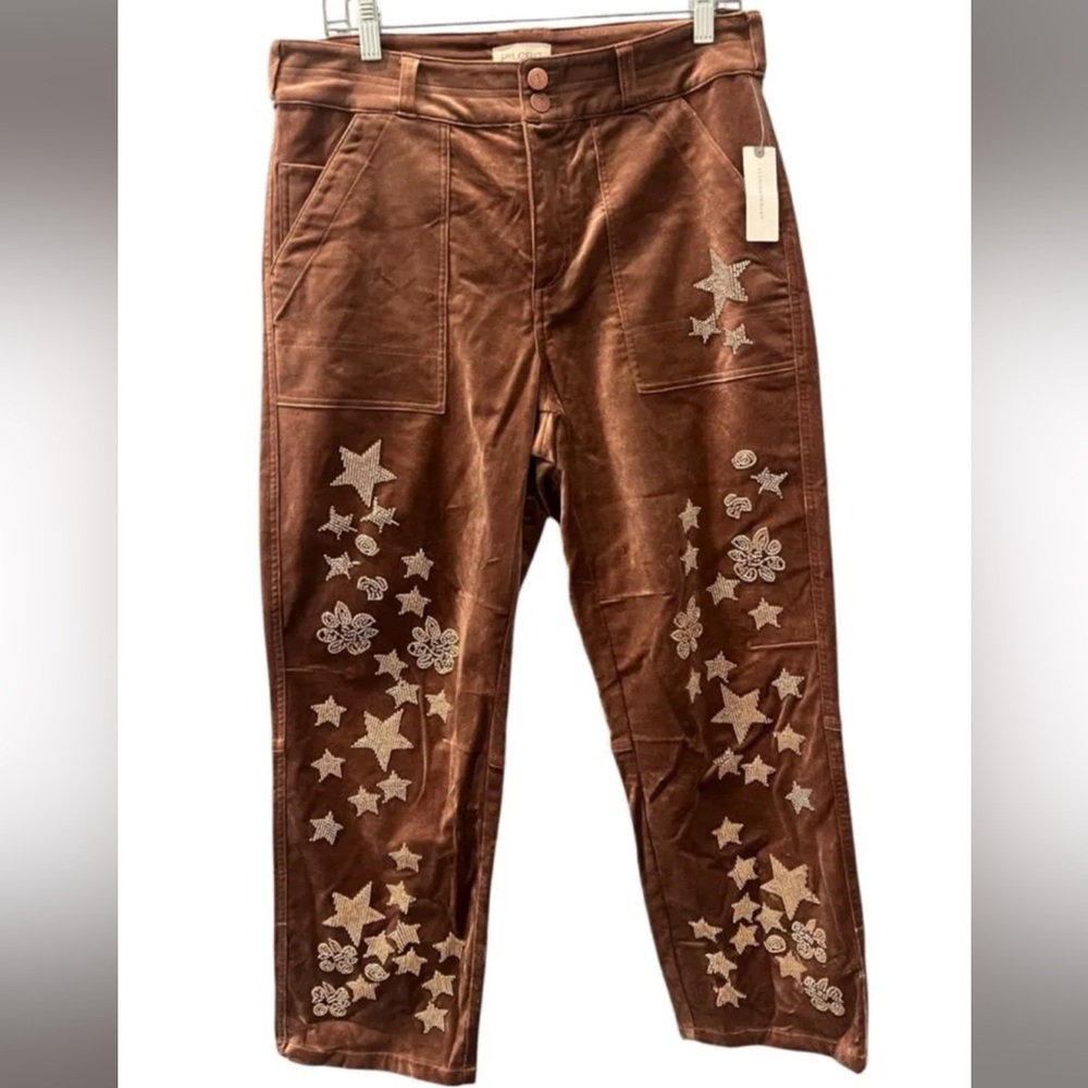 Pilcro Wanderer Velvet Star Embroidered Pants Anthropologie Brown Size 28 NWT - Picture 2 of 7